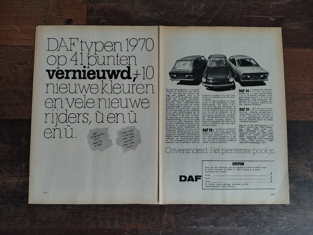 Reclame: DAF 55 Sedan/ Coupe/ Variomatic (1970) 58 x 21 cm, Verzenden, Gebruikt, Auto's