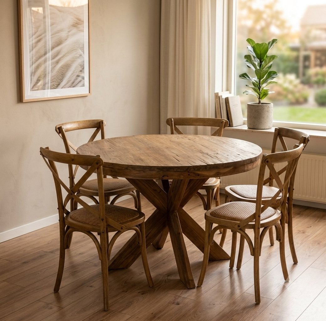 Ronde teak houten tafel van Goossens, Ophalen, Gebruikt, 100 tot 150 cm, 100 tot 150 cm