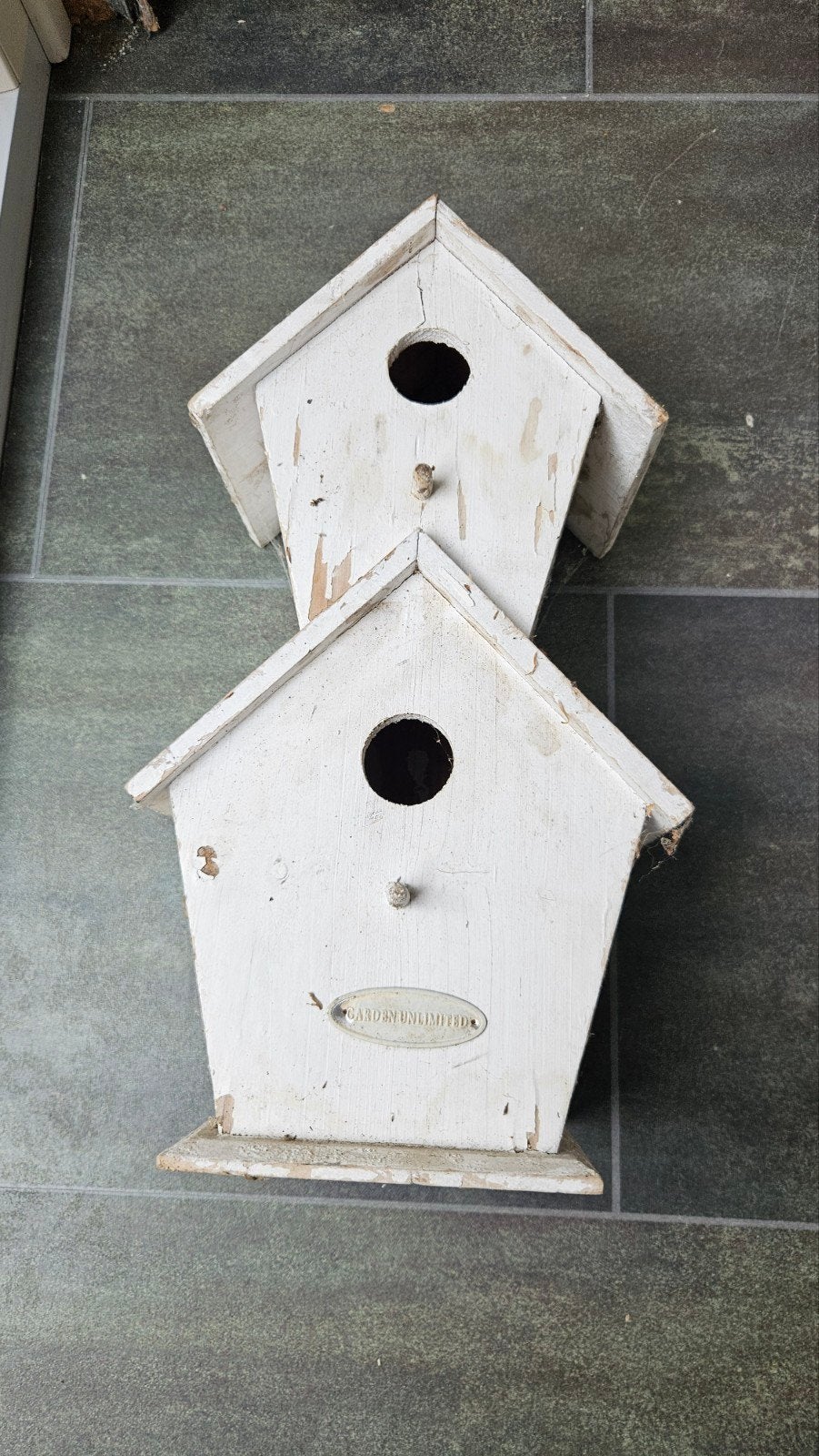 Vintage dubbel vogelhuisje - wit hout, Ophalen of Verzenden, Gebruikt