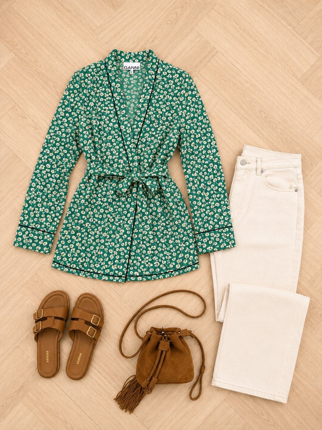 Ganni Groene Kimono Blouse Bloemenprint Maat 34, Kleding | Dames, Blouses en Tunieken, Verzenden, Ganni, Zo goed als nieuw, Maat 34 (XS) of kleiner