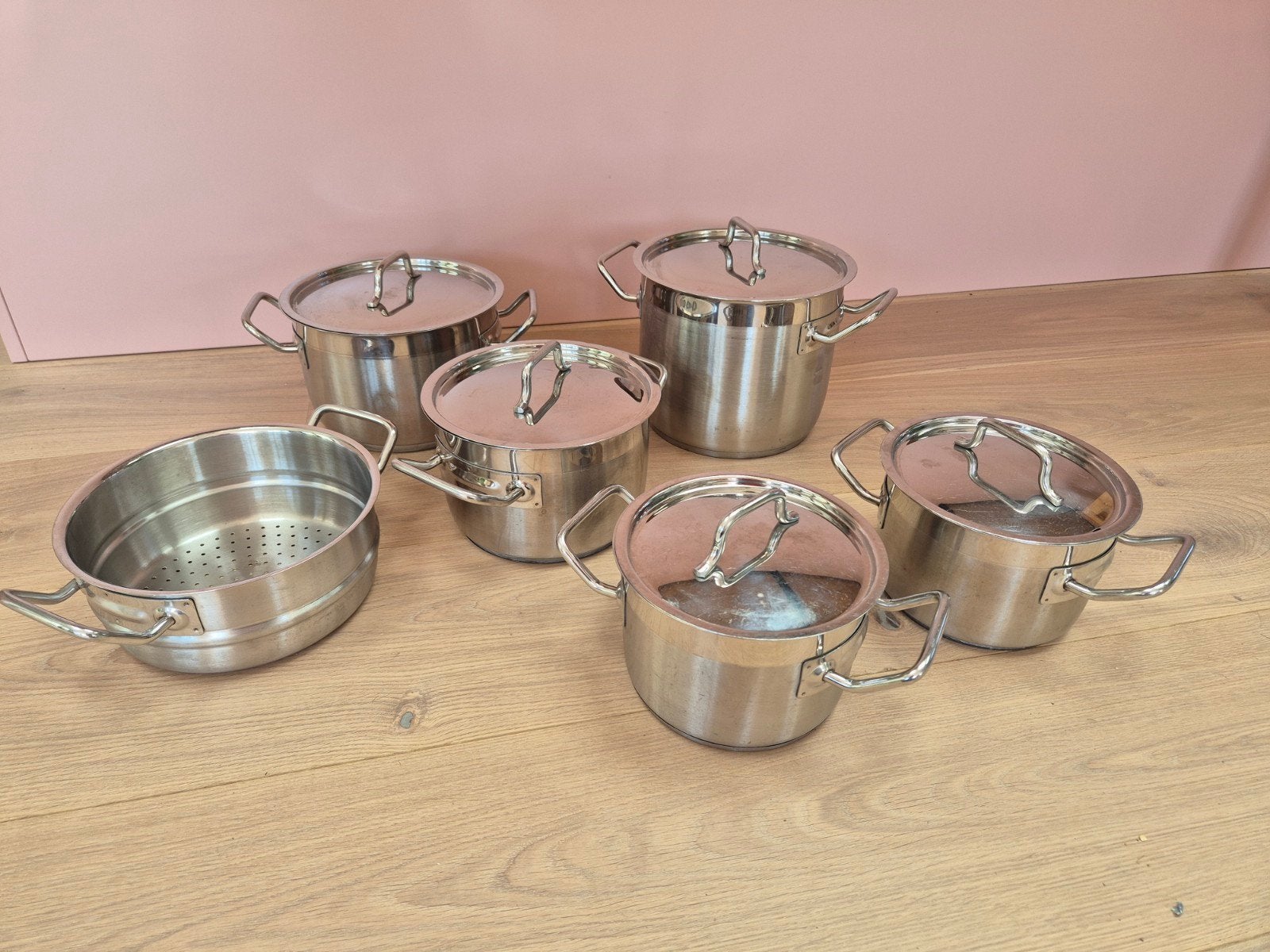 5 RVS Hema pannen en stoom inzet, Met deksel, Ophalen, Rvs, Pannenset