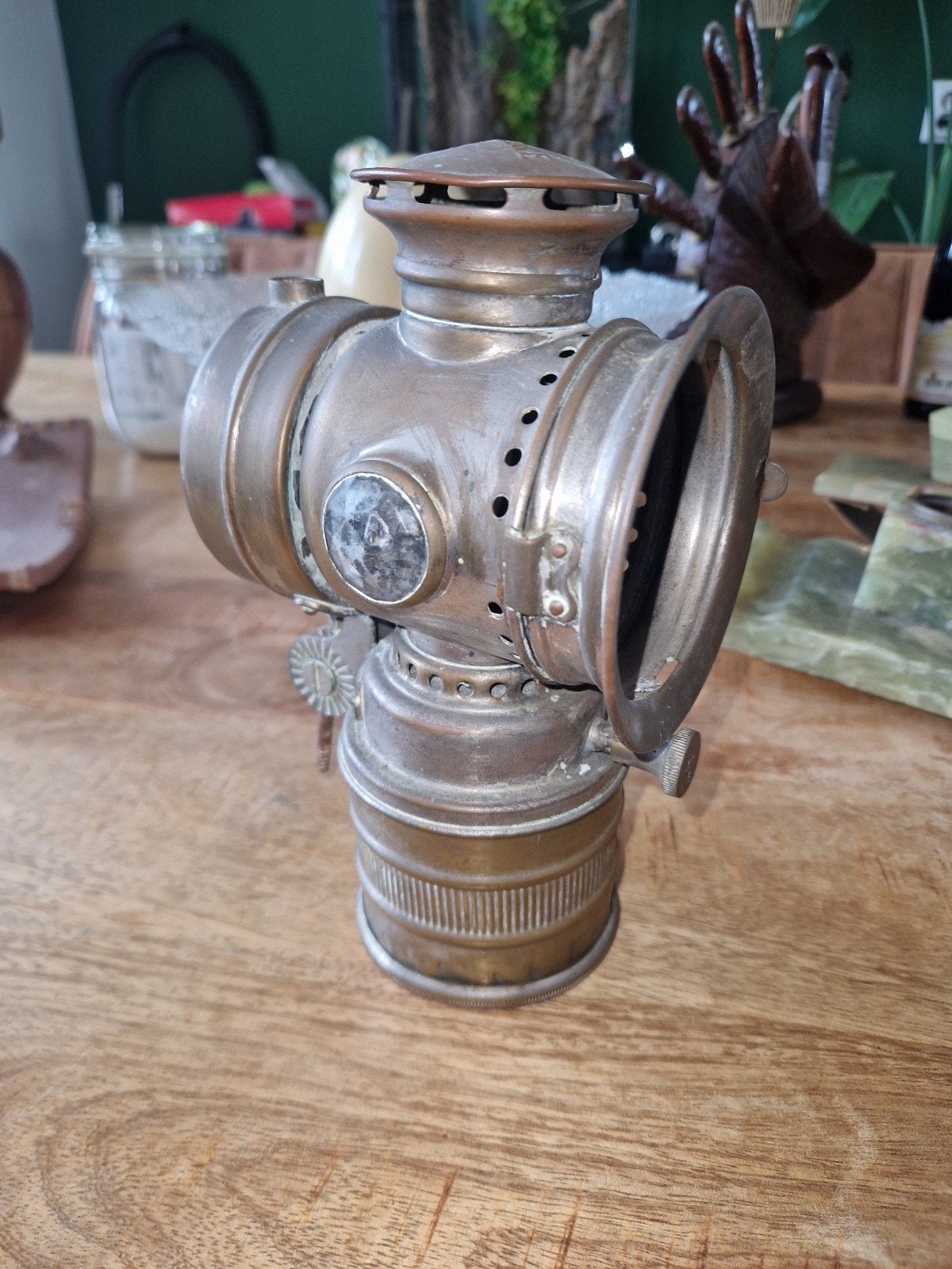 Antieke koperen fietslamp - glas voorkant mist, Ophalen of Verzenden