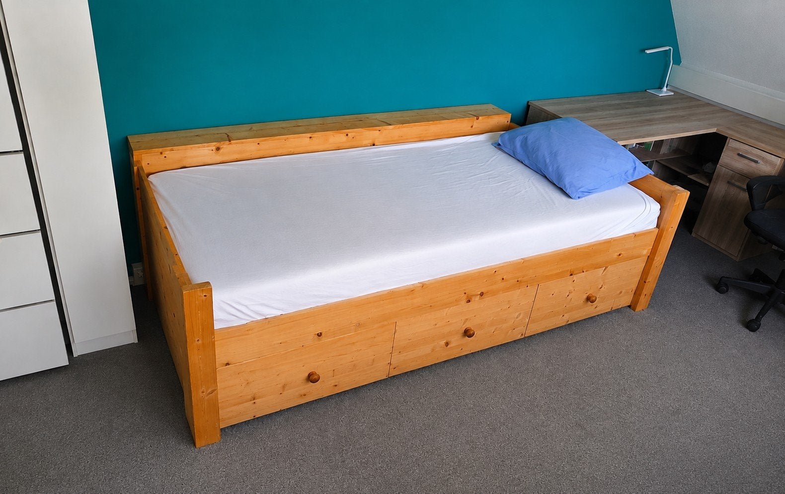 Eenpersoonsbed met opberglades 90x220, Huis en Inrichting, Ophalen, Gebruikt, 90 cm, Landelijk