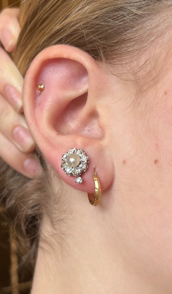Diamanten parel luxe 14k set goud platina oorbellen antiek, Verzenden, Goud, Oorbellen, Met edelsteen