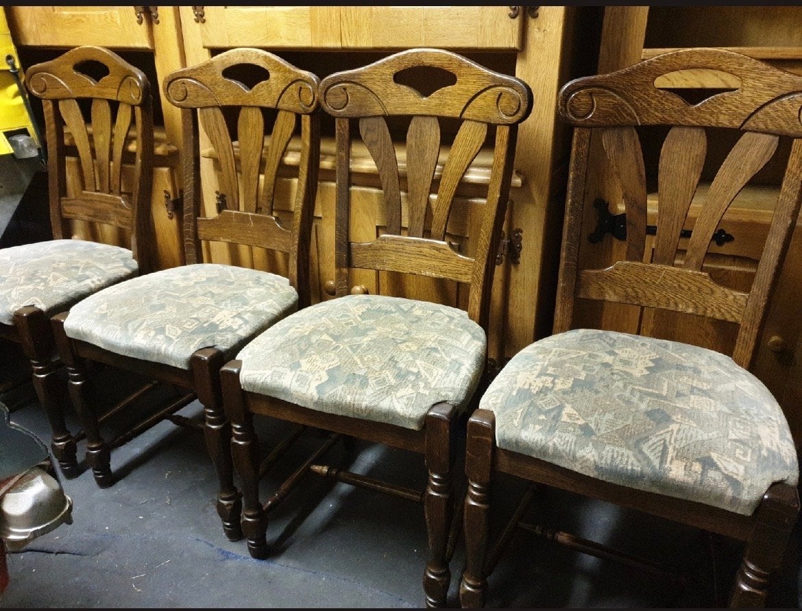 6 Eiken eetkamerstoelen met gestoffeerde zitting, Huis en Inrichting, Stoelen, Ophalen, Gebruikt, Bruin, Vier