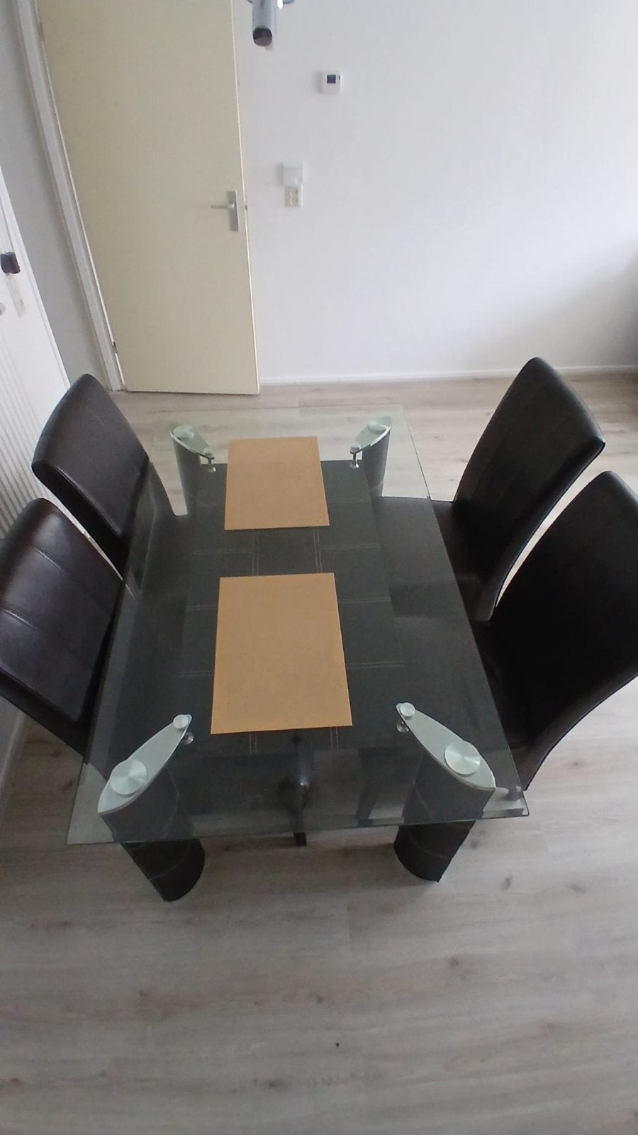 Glazen eettafel met 6 stoelen, Huis en Inrichting, Ophalen, Gebruikt, 100 tot 150 cm, 50 tot 100 cm