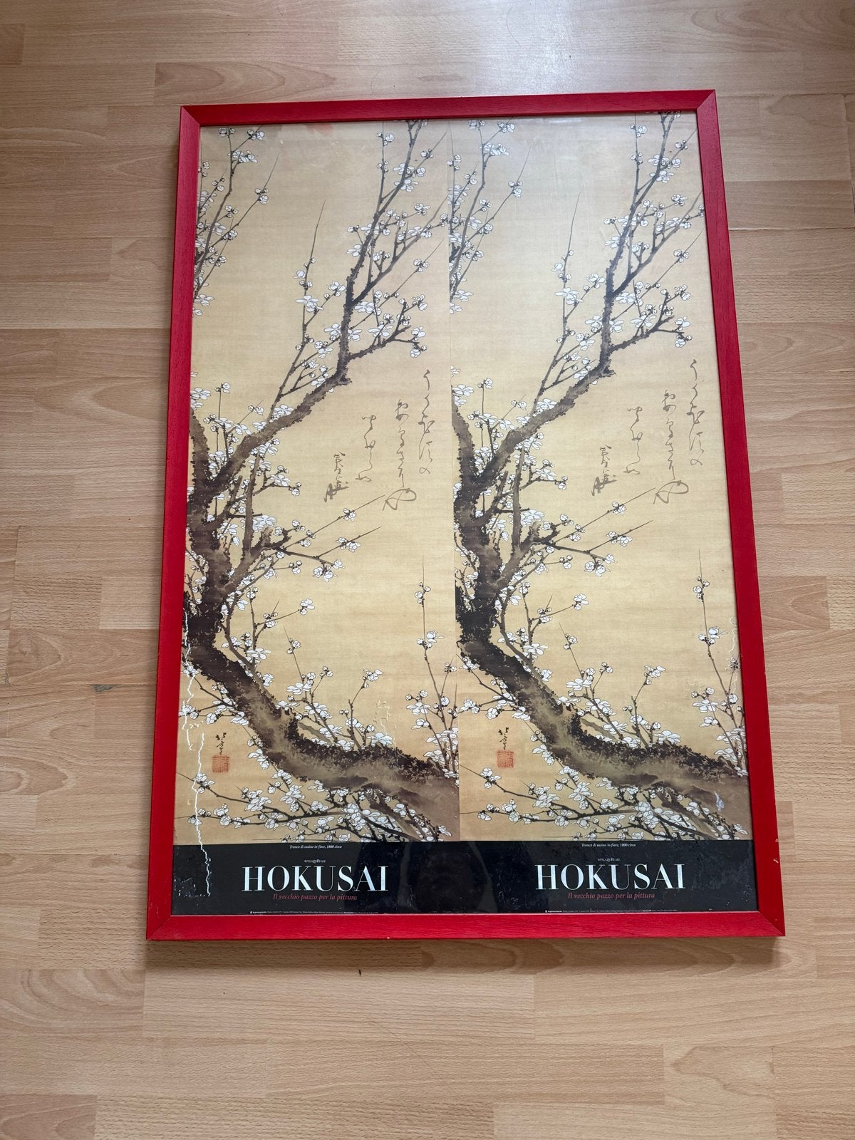 Hokusai kersenbloesem print in rode lijst 104x70cm, Klassiek, Print, Papier, Ingelijst