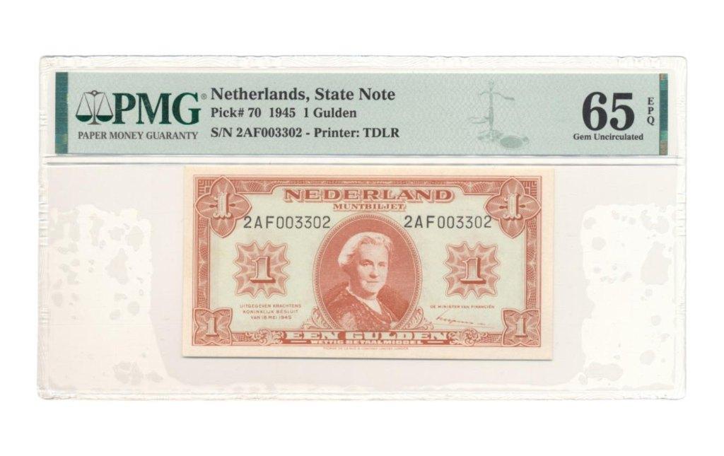 Nederland 1 Gulden 1945 Wilhelmina PMG65 EPQ, Ophalen of Verzenden, 1 gulden, Los biljet
