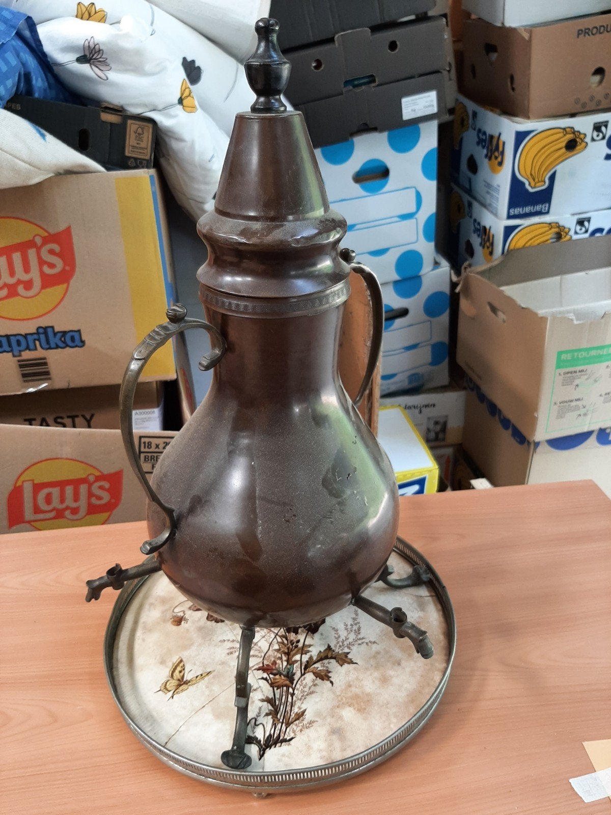 Antieke Koperen Kraantjeskan met Plateau - 53 cm hoog, Ophalen of Verzenden
