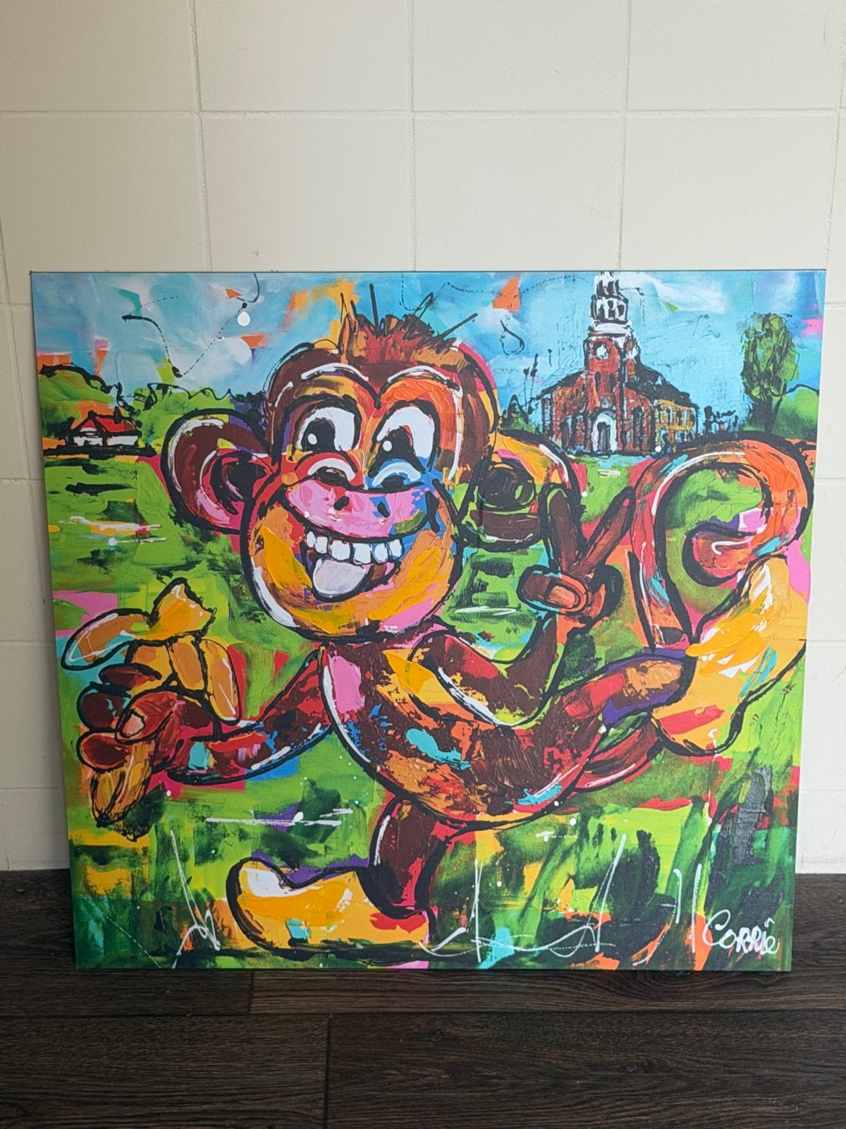 Schilderij Corrie Leushuis - Aap (met echtheidscertificaat), Ophalen, Acrylverf, Kunststof, Dieren