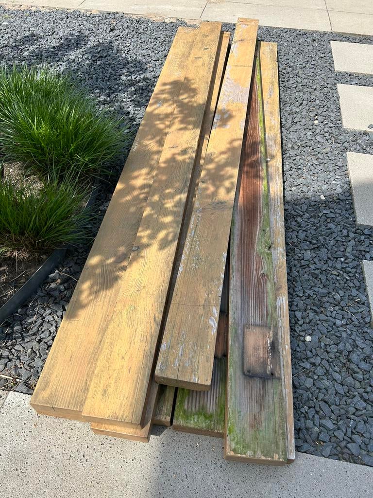 9 gebruikte Douglas balken (250x14x4,5) TEAB, Tuin en Terras, Palen, Balken en Planken, Ophalen, Gebruikt, 250 cm of meer, Balken