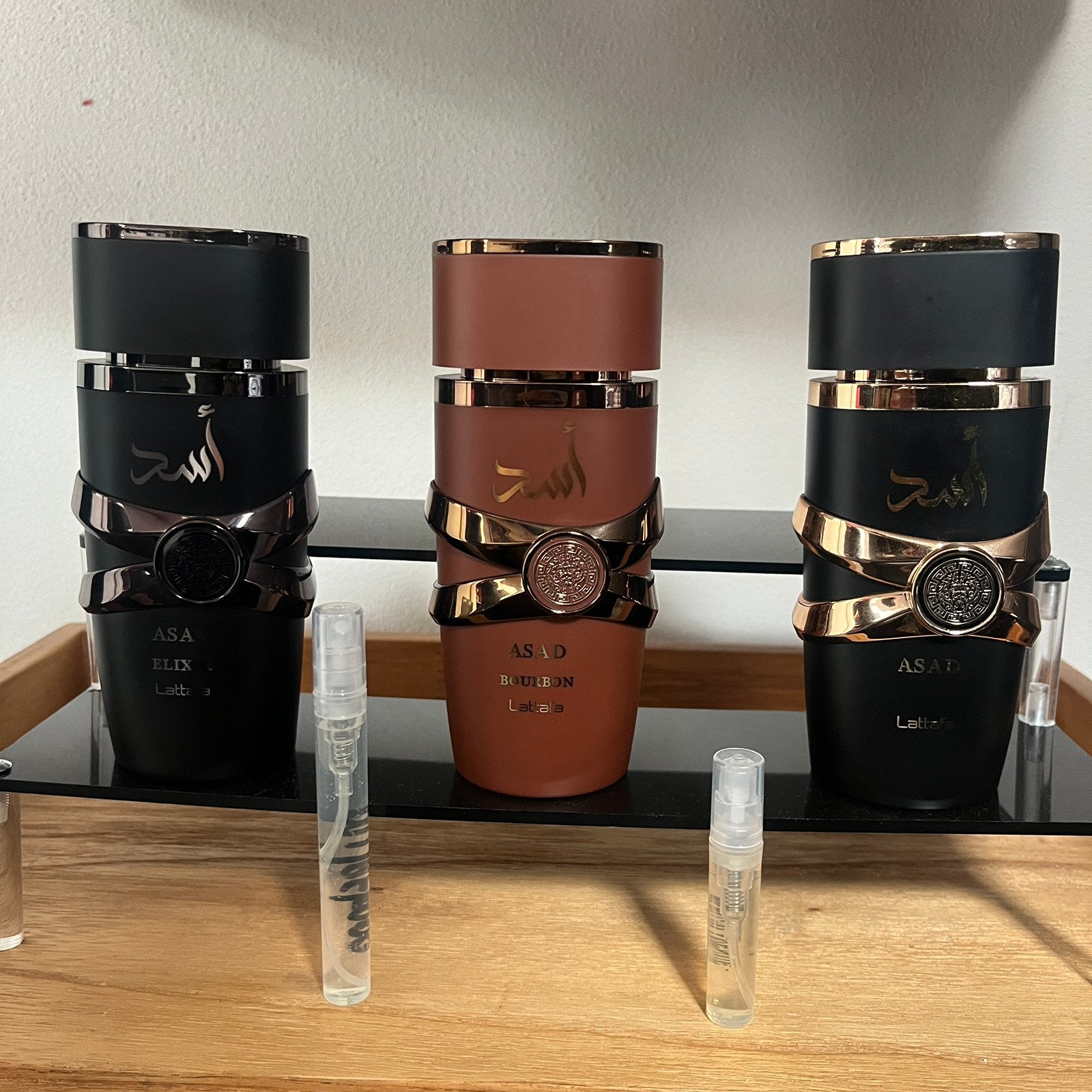 Lattafa - Asad sample set + 10% korting, Sieraden, Tassen en Uiterlijk, Uiterlijk | Parfum, Zo goed als nieuw, Ophalen of Verzenden
