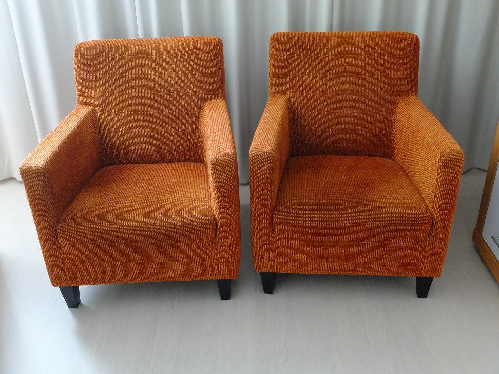 Twee oranje Topform fauteuils, Ophalen, Gebruikt, 75 tot 100 cm, 50 tot 75 cm