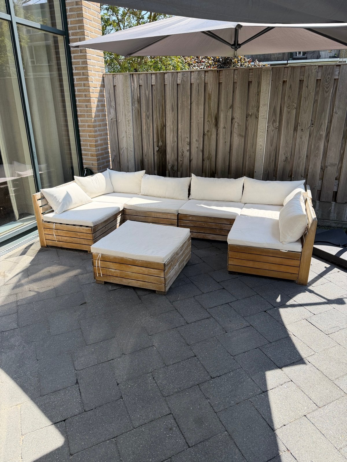 Acacia houten Loungeset met Kussens - modulair, Tuin en Terras, Ophalen, Gebruikt, Meer dan 8 zitplaatsen, Steigerhout