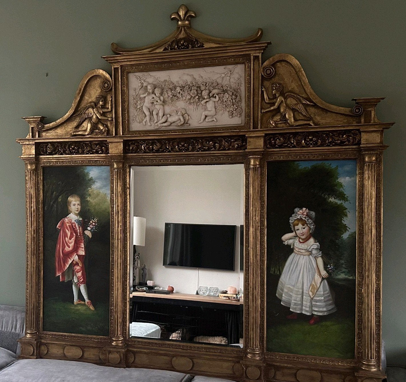 Exclusief groot wandpaneel met bladgoud en spiegel, Ophalen, Gebruikt, 75 tot 100 cm, 150 tot 200 cm