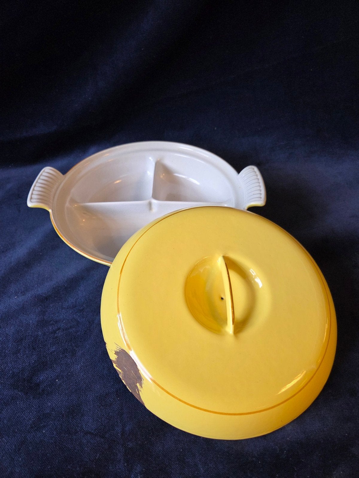 Vintage Dru emaille 3-vaks warmhoud/ovenpan - Geel, Ophalen