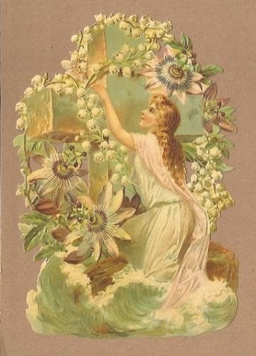 Dame bij kruis met passiebloem poezieplaatjes 5055, Ophalen of Verzenden