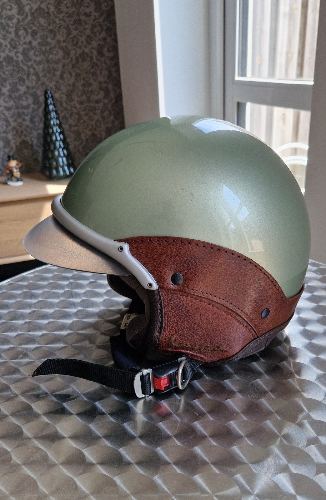 VESPA Originele helm ltd. Edition olijfgroen half leer, Ophalen of Verzenden, Gebruikt, Medium, Vespa