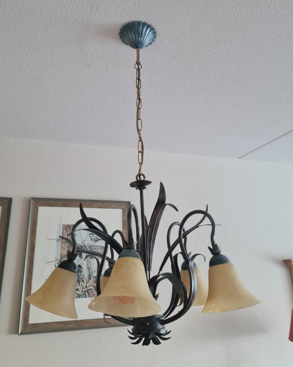 Art Nouveau Kroonluchter Smeedijzer 5-Arms-Glazen Kelken Bro, Ophalen