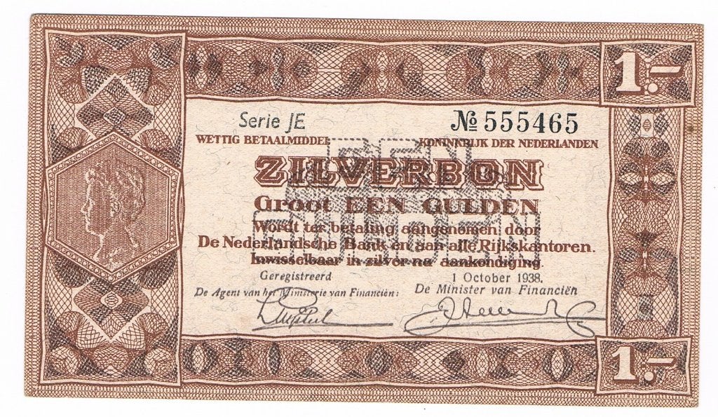 1 gulden zilverbon 1938 UNC, Verzenden, 1 gulden, Los biljet
