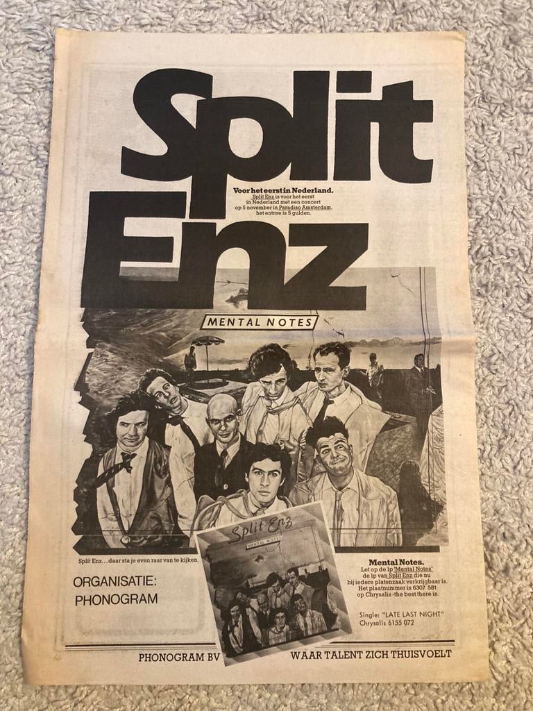 SPLIT ENZ Mental Notes tour Paradiso 1976, Ophalen of Verzenden, Gebruikt, A1 t/m A3