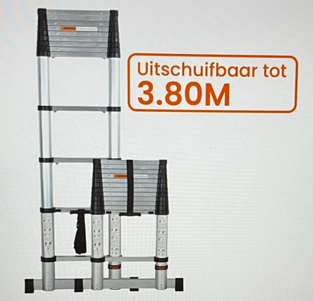 Kibani Telescopische ladder uitschuifbaar tot 3.80M., Doe-het-zelf en Verbouw, Ophalen, Nieuw, Ladder, Opvouwbaar of Inschuifbaar