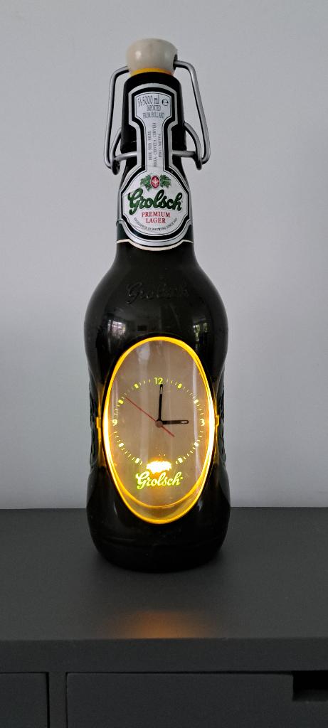 Grolsch bier fles lichtreclame met klok, Ophalen of Verzenden, Gebruikt, Lichtbak of (neon) lamp
