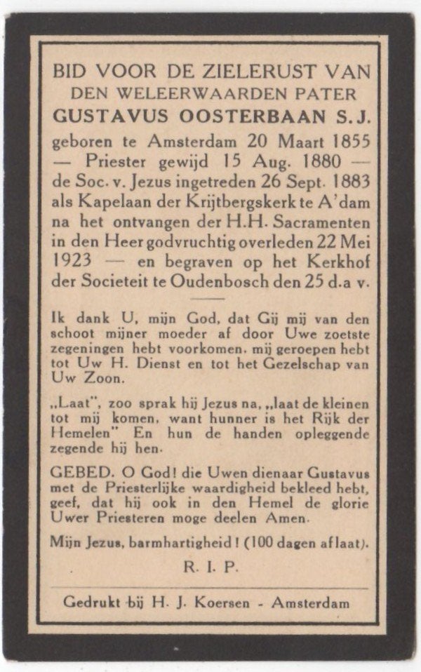 pater Gustavus Oosterbaan 1853 Amsterdam + 1923 Amsterdam, Verzamelen, Ophalen of Verzenden