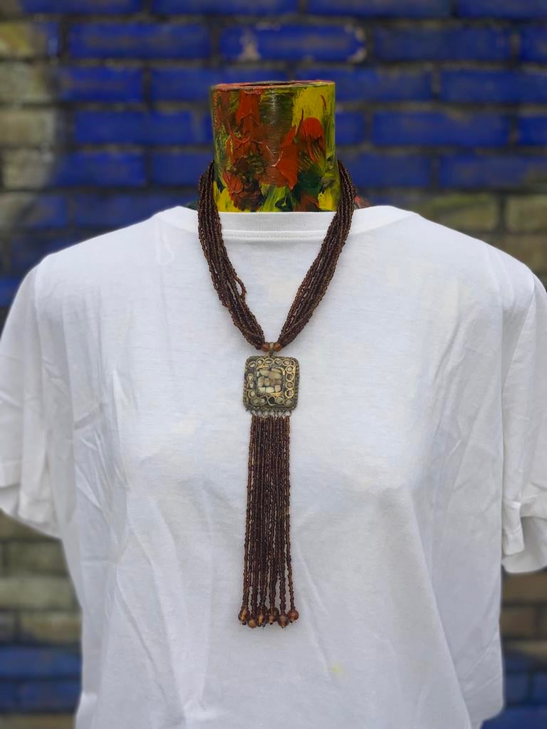 Bruine Ibiza kralenketting met hanger Boho Bihemien, Gebruikt, Bruin, Ophalen of Verzenden, Overige materialen