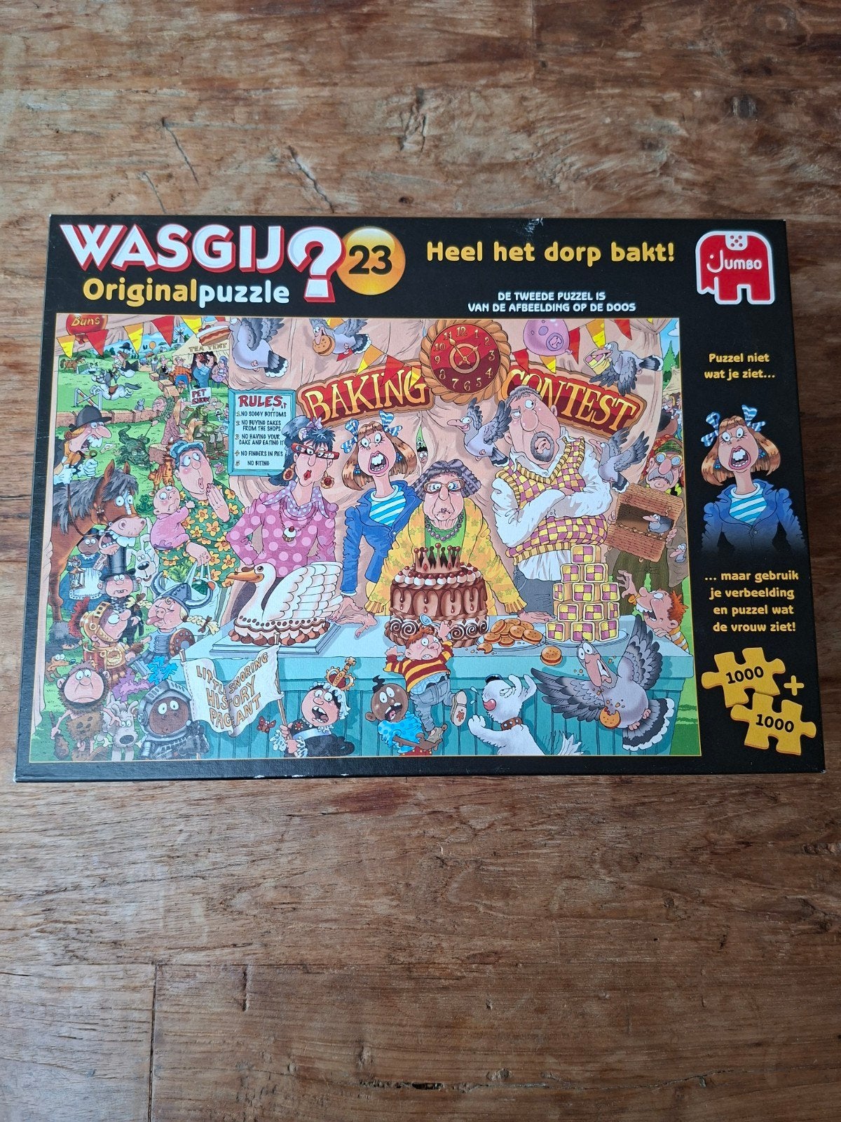 Legpuzzel: Wasgij Original 23: Heel het dorp bakt! 2x 1000 s, Ophalen of Verzenden, 500 t/m 1500 stukjes, Gebruikt, Legpuzzel