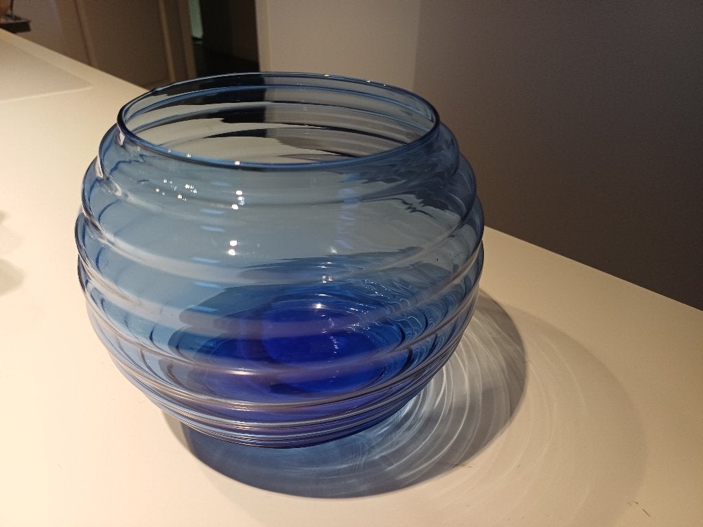 Mond geblazen ribbel vaas ( Copier?) 1960, Gebruikt, Blauw, 16 cm, Ophalen of Verzenden