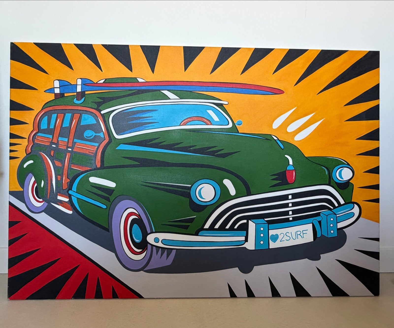Pop Art Schilderij: Groene Auto met Surfplank, Acrylverf, Op houten frame, Textiel, Ophalen