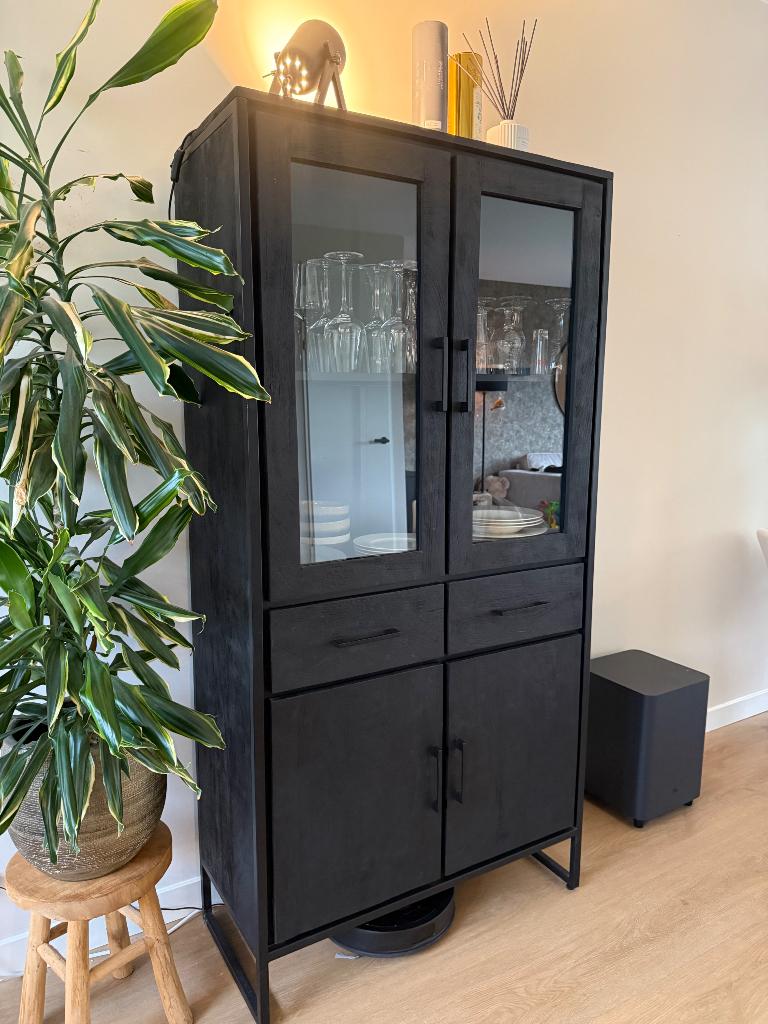 Wandkast/buffetkast 180x90x40cm zwart mangohout, Ophalen, Glas, Met deur(en), 50 tot 100 cm
