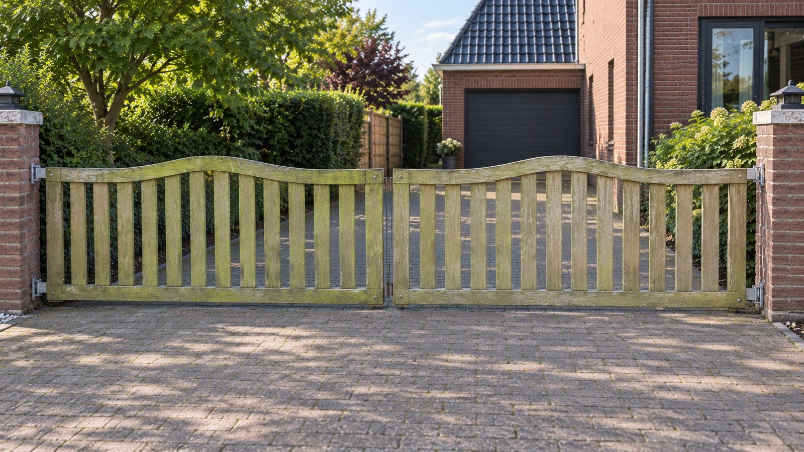 Hardhouten tuinhekken/poort met twee houten palen, Tuin en Terras, Ophalen, Met poort, Gebruikt, Tuinhek
