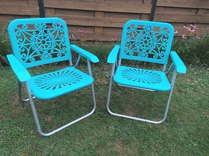 Vintage Retro Tuinstoel Blauwe Campingstoel Stoel Klapstoel, Ophalen of Verzenden, Zo goed als nieuw, Aluminium, Inklapbaar