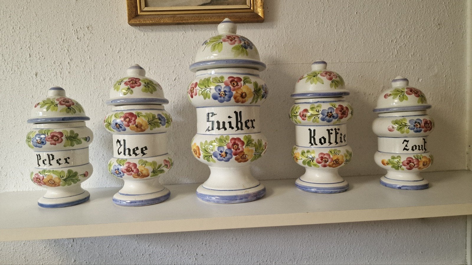 Vintage voorraadpotten set - Peper Thee Suiker Koffie Zout, Antiek en Kunst, Ophalen