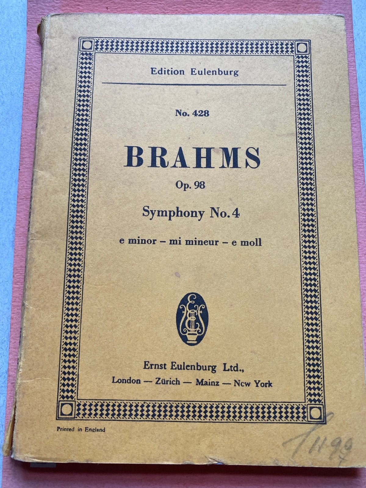 Brahms Symfonie No. 4, Edition Eulenburg No. 428, Muziek en Instrumenten, Gebruikt, Klassiek, Ophalen of Verzenden, Orkest
