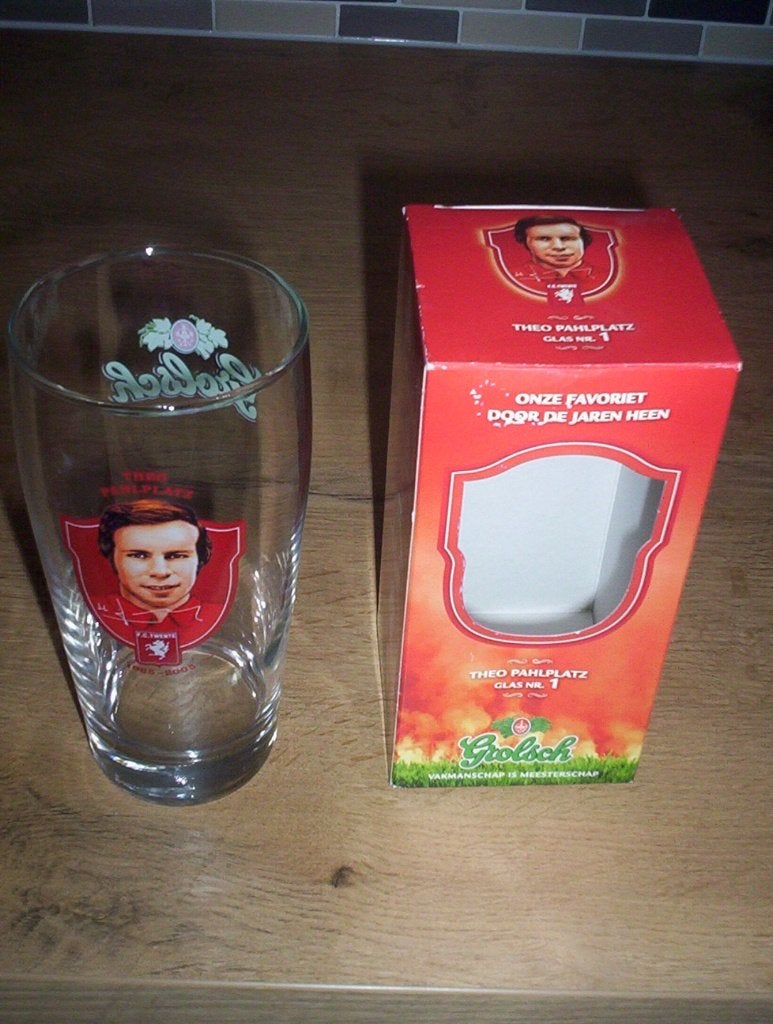 glas met doosje Theo Pahlplatz fc twente (grolsch bier), Ophalen of Verzenden, Zo goed als nieuw, F.C. Twente, Overige typen