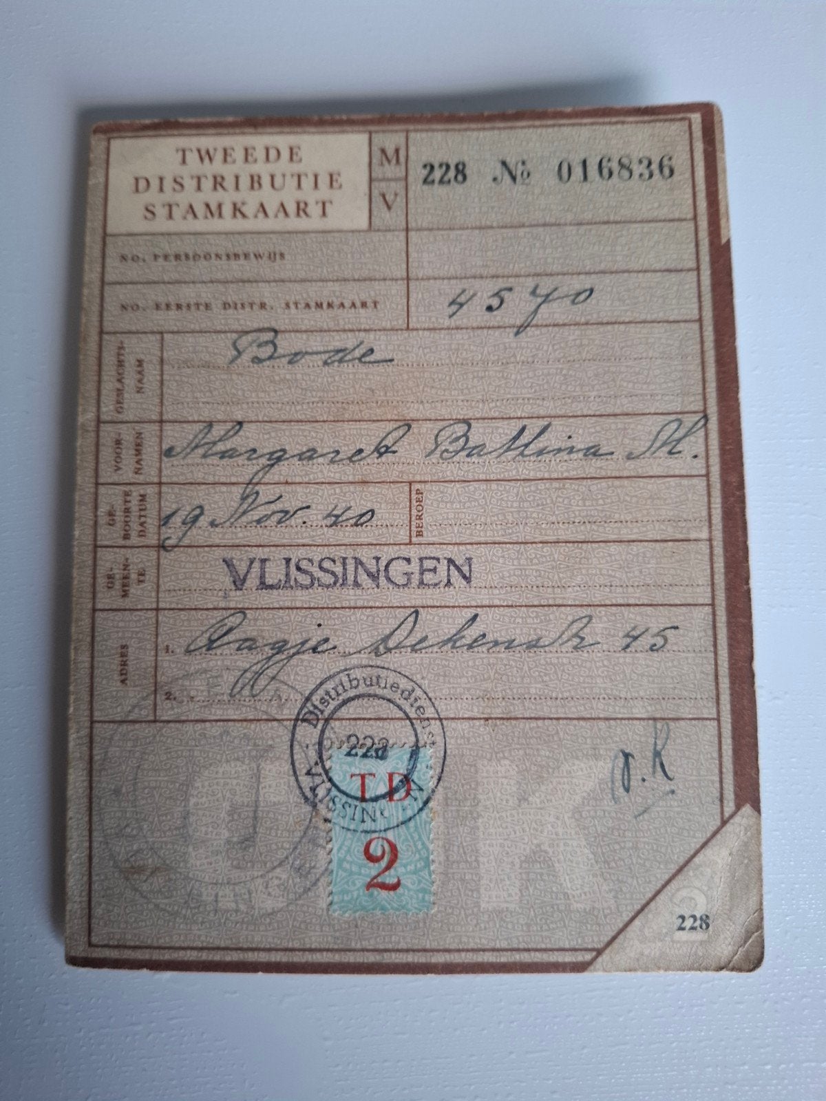 Distributie stamkaart Vlissingen document bonkaart, Verzamelen, Militaria | Tweede Wereldoorlog, Ophalen of Verzenden, Nederland