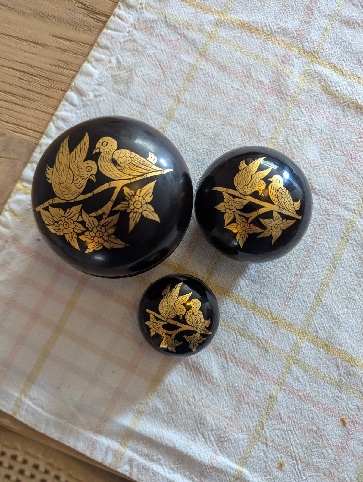 Set van 3 lakdoosjes met gouden vogelversiering, Antiek en Kunst, Ophalen of Verzenden