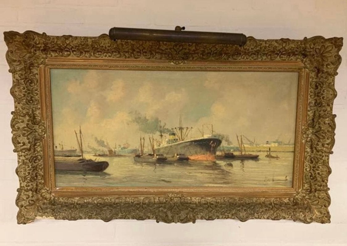 Schilderij van adri verveen haven gezicht rotterdam., Antiek en Kunst, Ophalen of Verzenden