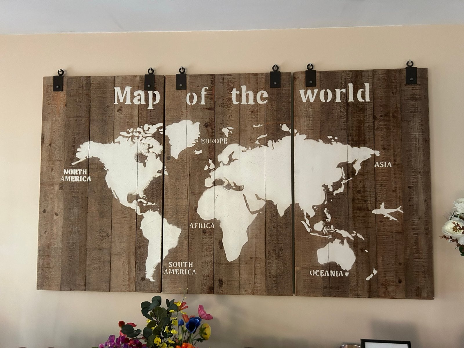Drieluik wereldkaart op hout - Wanddecoratie, Ophalen, Hout, Zo goed als nieuw, Bruin