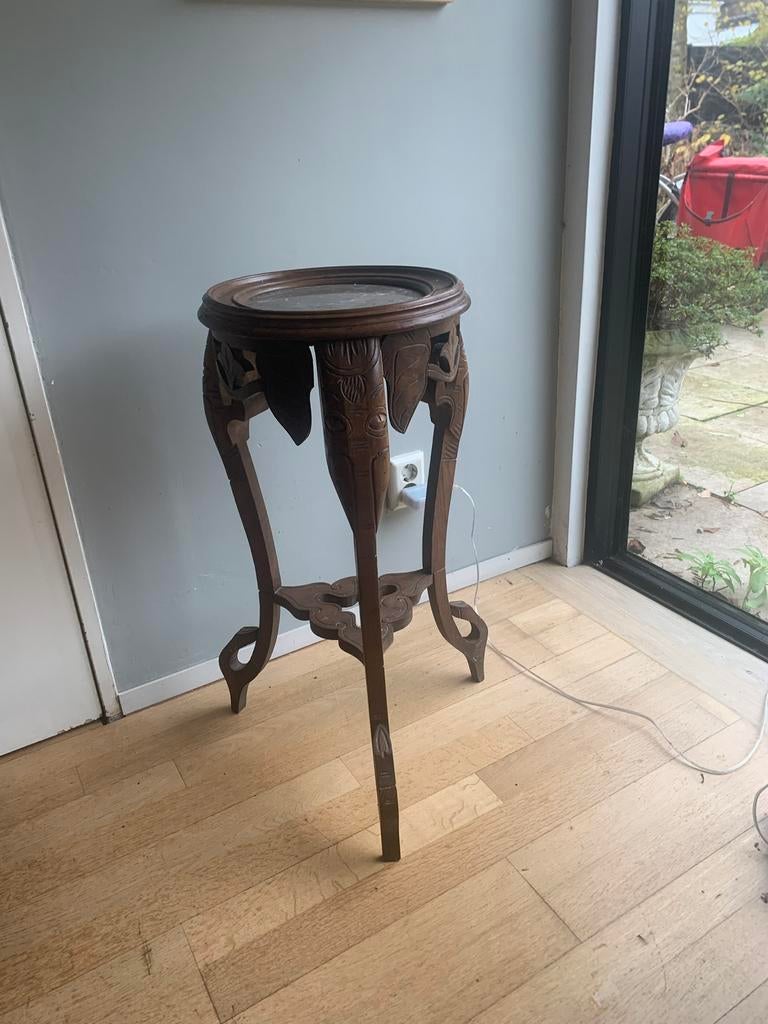 Antieke Planten tafel hout marmer olifanten snijwerk, Ophalen