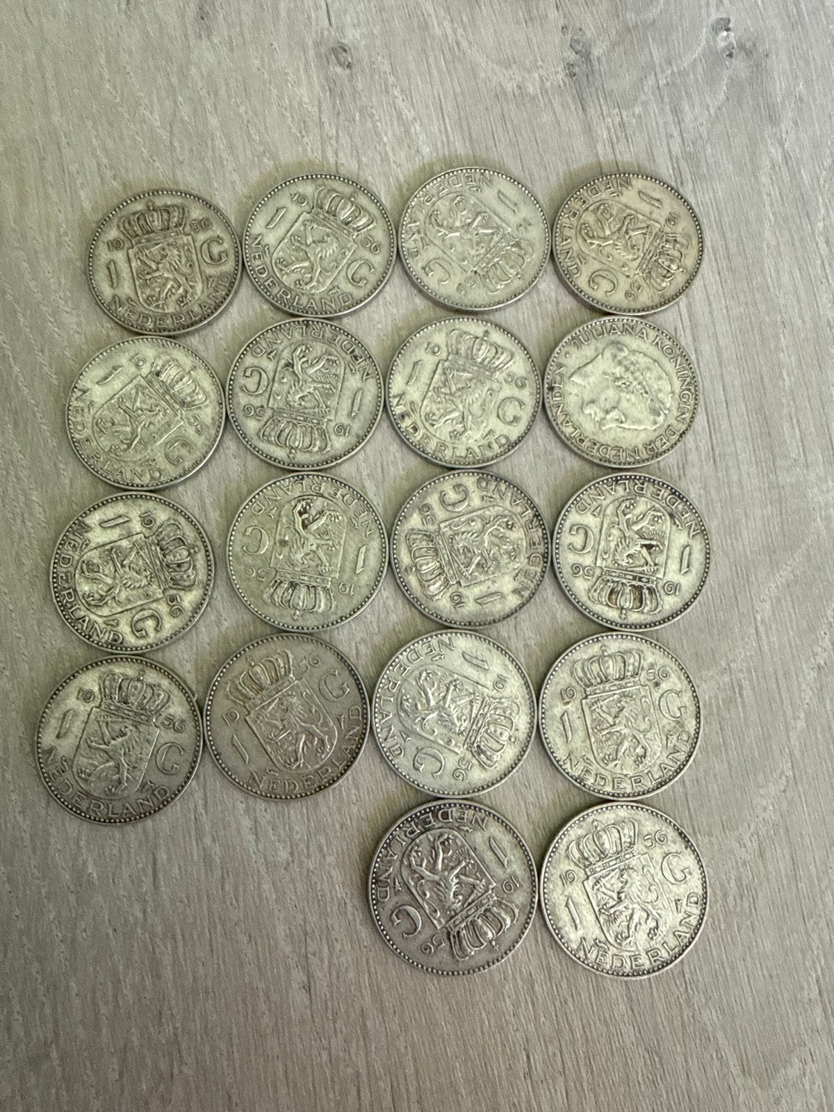 Set van 18 zilveren Nederlandse guldens  1956, 1 gulden, Koningin Juliana, Setje, Zilver