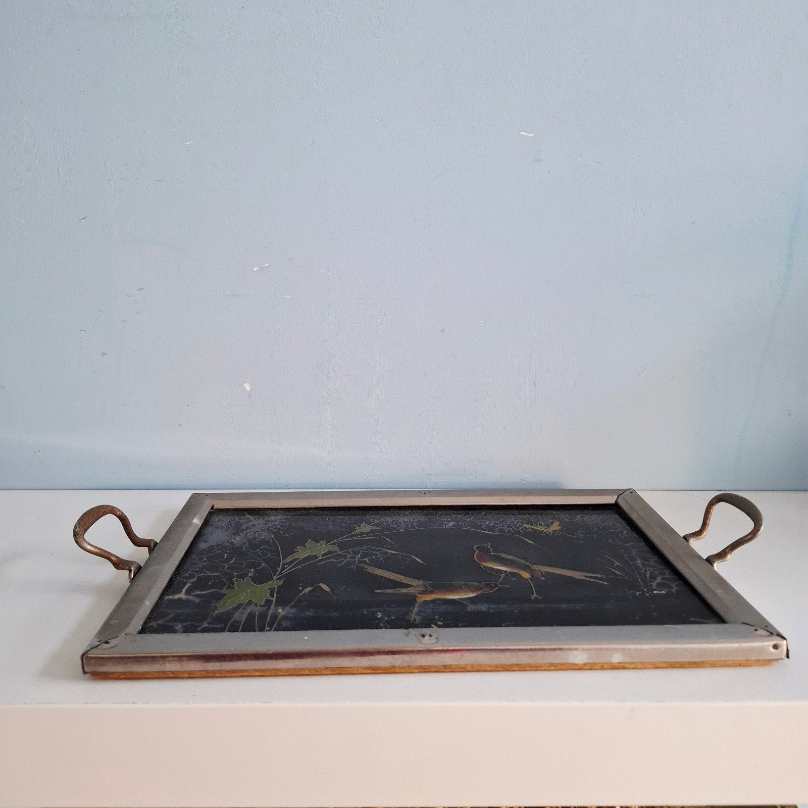 Art Deco dienblad – chinoiserie / vogels op glas, Antiek en Kunst, Ophalen of Verzenden