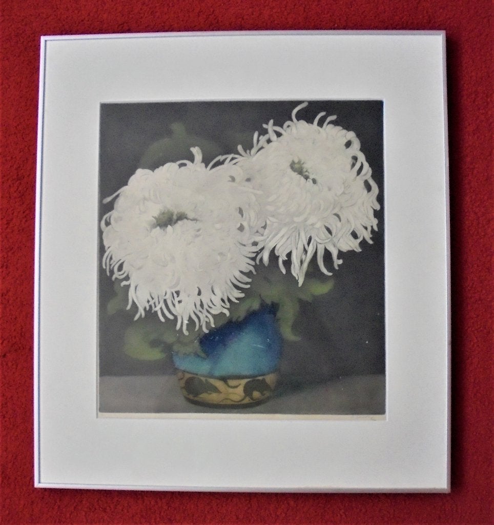 Frans Everbag. (1877-1947). Witte chrysanten in vaas:1923., Ophalen