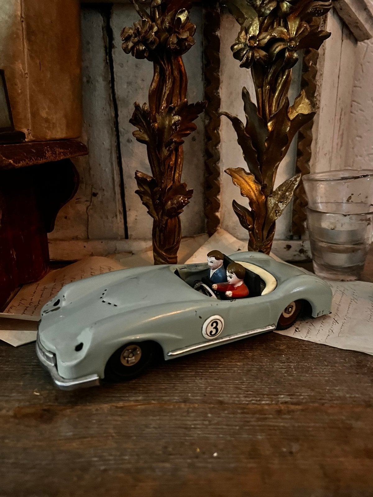 antieke blikken auto oud lichtblauw vintage verzamel item, Antiek en Kunst, Ophalen of Verzenden