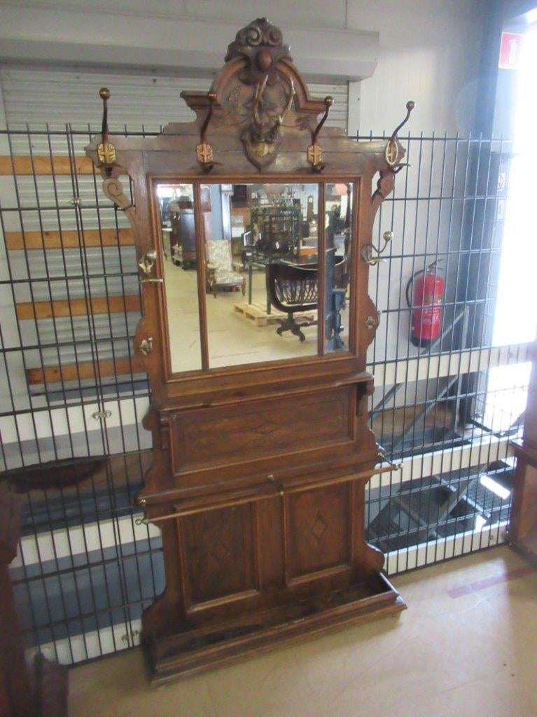 Oer 11464 antieke eikenhouten staande kapstok met spiegel, Ophalen