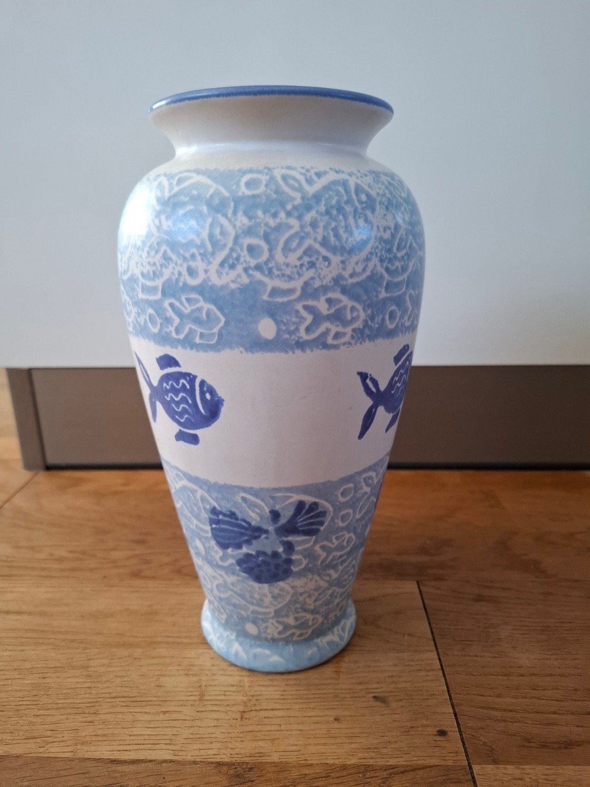 Vintage  Scheurich vaas met vissenmotief, 26 cm, Gebruikt, Blauw, Inclusief decoratie