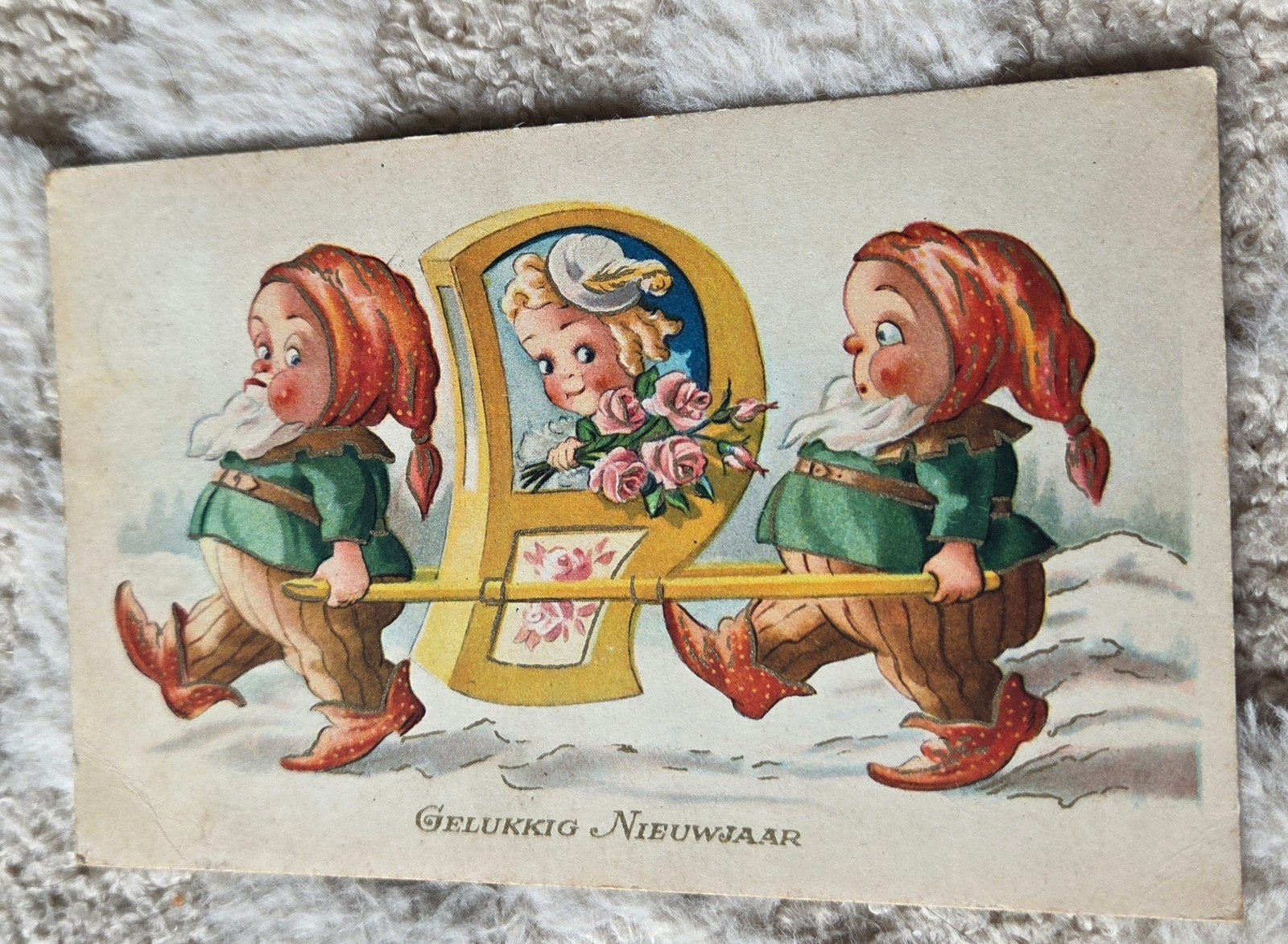 Oude Nieuwjaarskaart met kabouters en meisje, Verzenden, Voor 1920, Gelopen, Kinderen